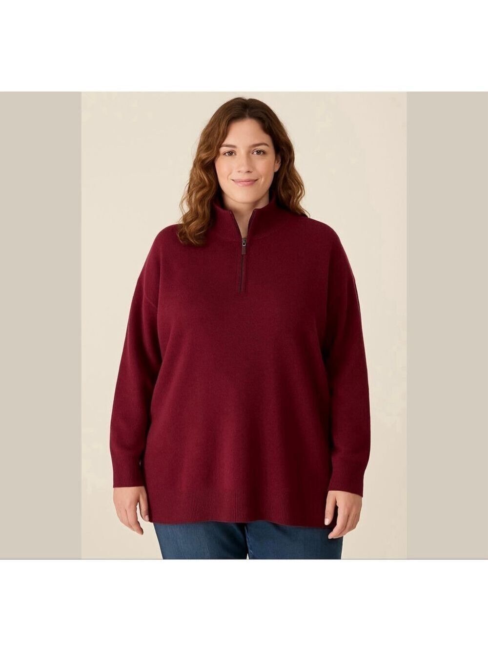 ISAAC MIZRAHI 2-Ply Cashmere Zipped Collar Tunic Deep Merlot sweater Sz XL